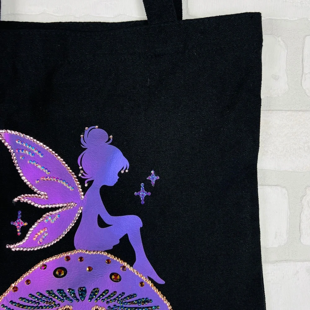 Black Fairy Mushroom Rhinestone Iridescent Canvas Tote Kids Bookbag 12 x 14.5